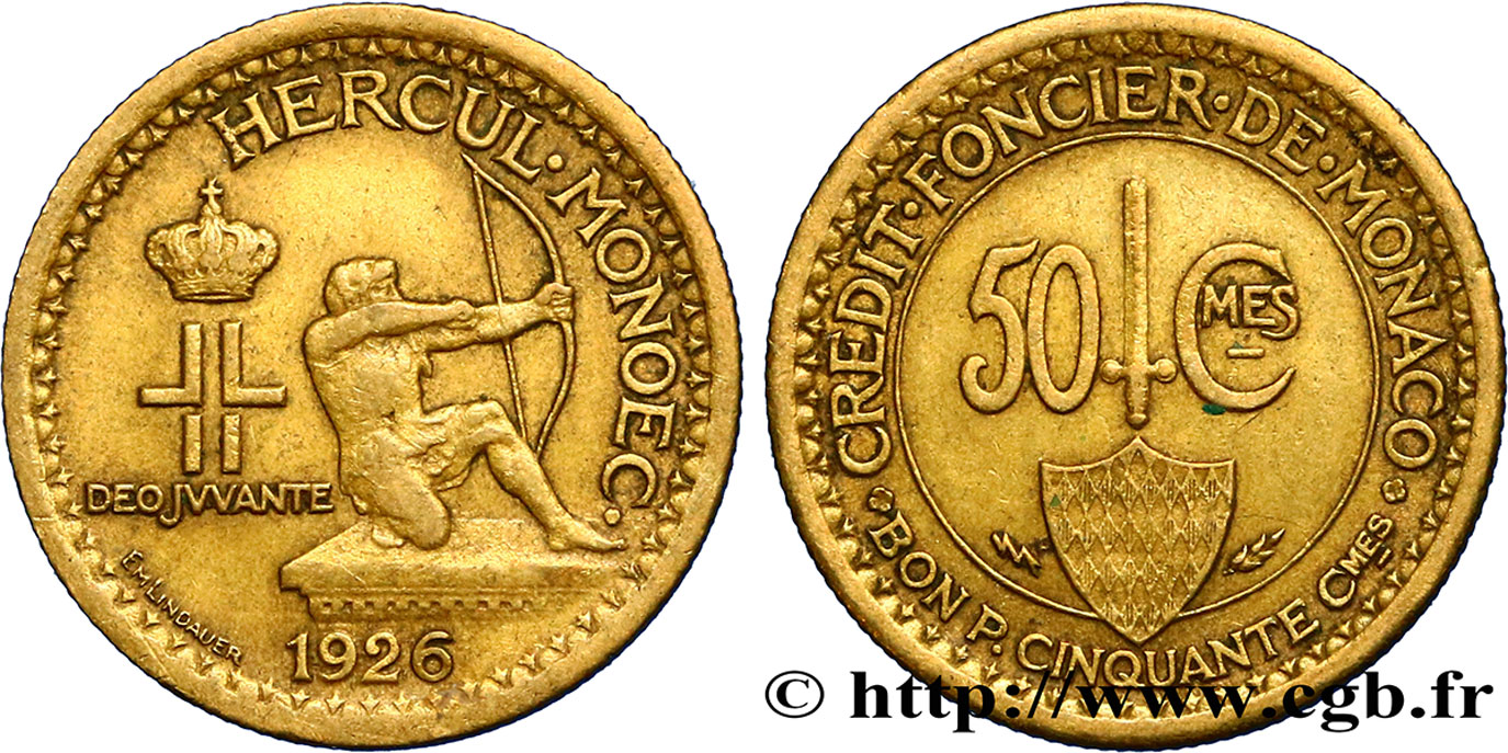 MONACO 50 Centimes émission du Crédit Foncier de Monaco 1926 Poissy TTB