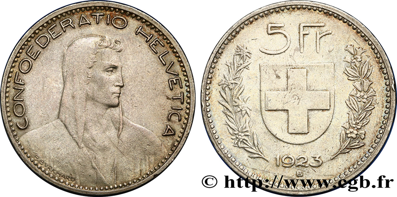 SWITZERLAND 5 Francs berger 1923 Berne AU/XF 