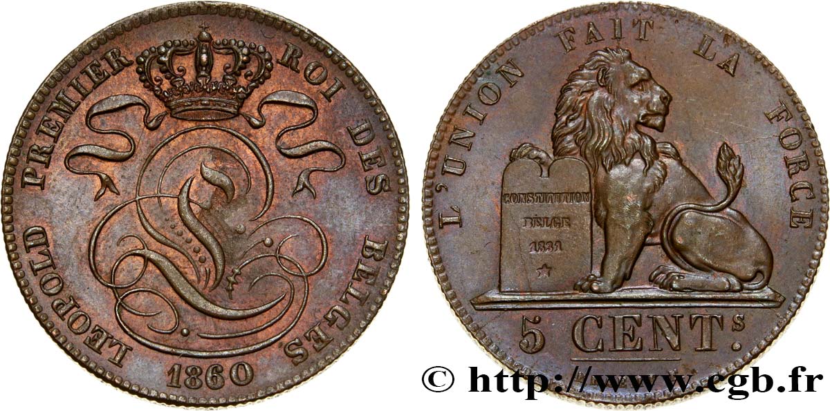 BELGIUM - KINGDOM OF BELGIUM - LEOPOLD I 5 Centimes 1860  AU 