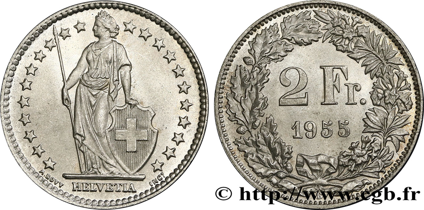 SUISSE 2 Francs Helvetia 1955 Berne SPL 