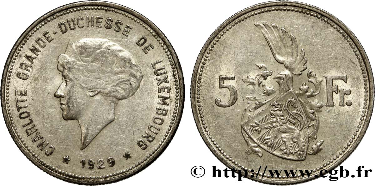 LUXEMBOURG 5 Francs Grande-Duchesse Charlotte 1929  TB+ 