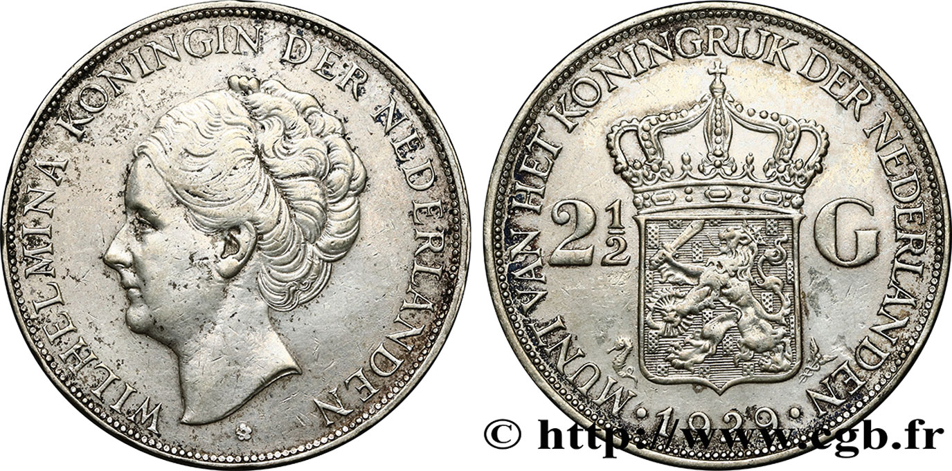 PAESI BASSI 2 1/2 Gulden Wilhelmina 1929  BB 