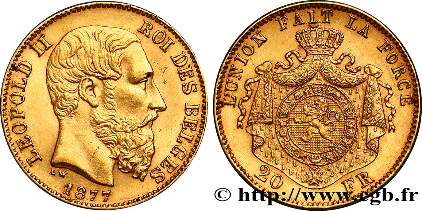 BELGIQUE 20 Francs or Léopold II 1877 Bruxelles SUP 