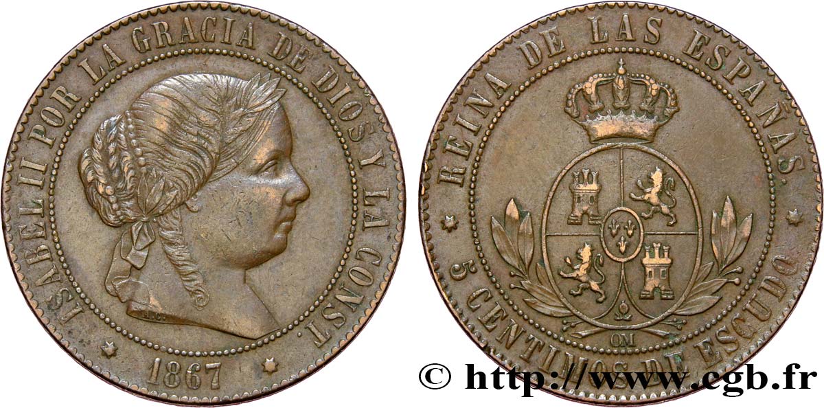 ESPAGNE 5 Centimos de Escudo Isabelle II / écu couronné 1867 Oeschger Mesdach & CO TTB 