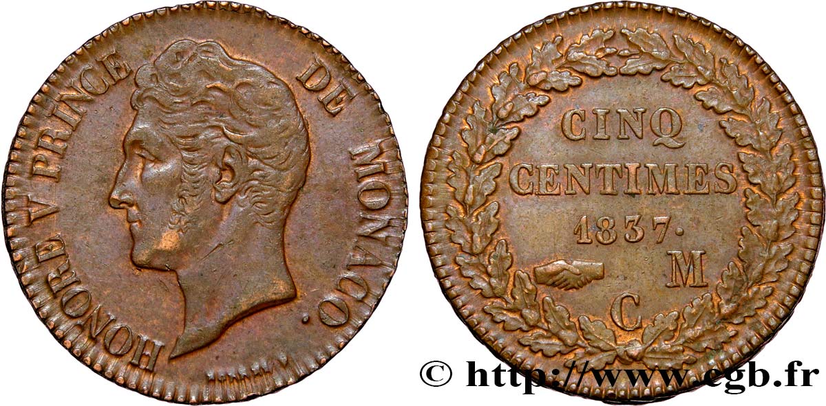 MONACO 5 Centimes Honoré V petite tête en cuivre rouge 1837 Monaco VZ 