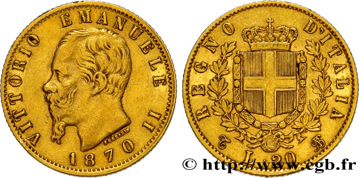 ITALIE 20 Lire Victor Emmanuel II 1870 Turin TTB 