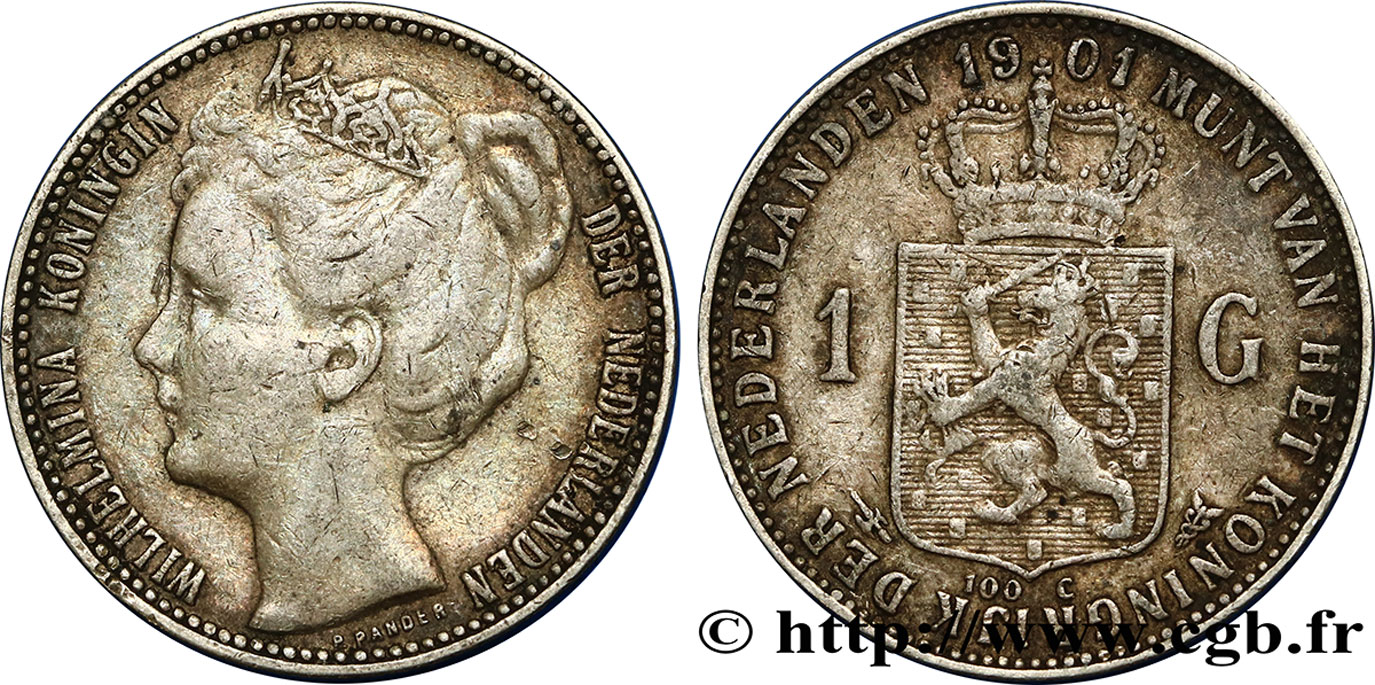 NETHERLANDS - KINGDOM OF THE NETHERLANDS - WILHELMINA 1 Gulden 1901 Utrecht XF 