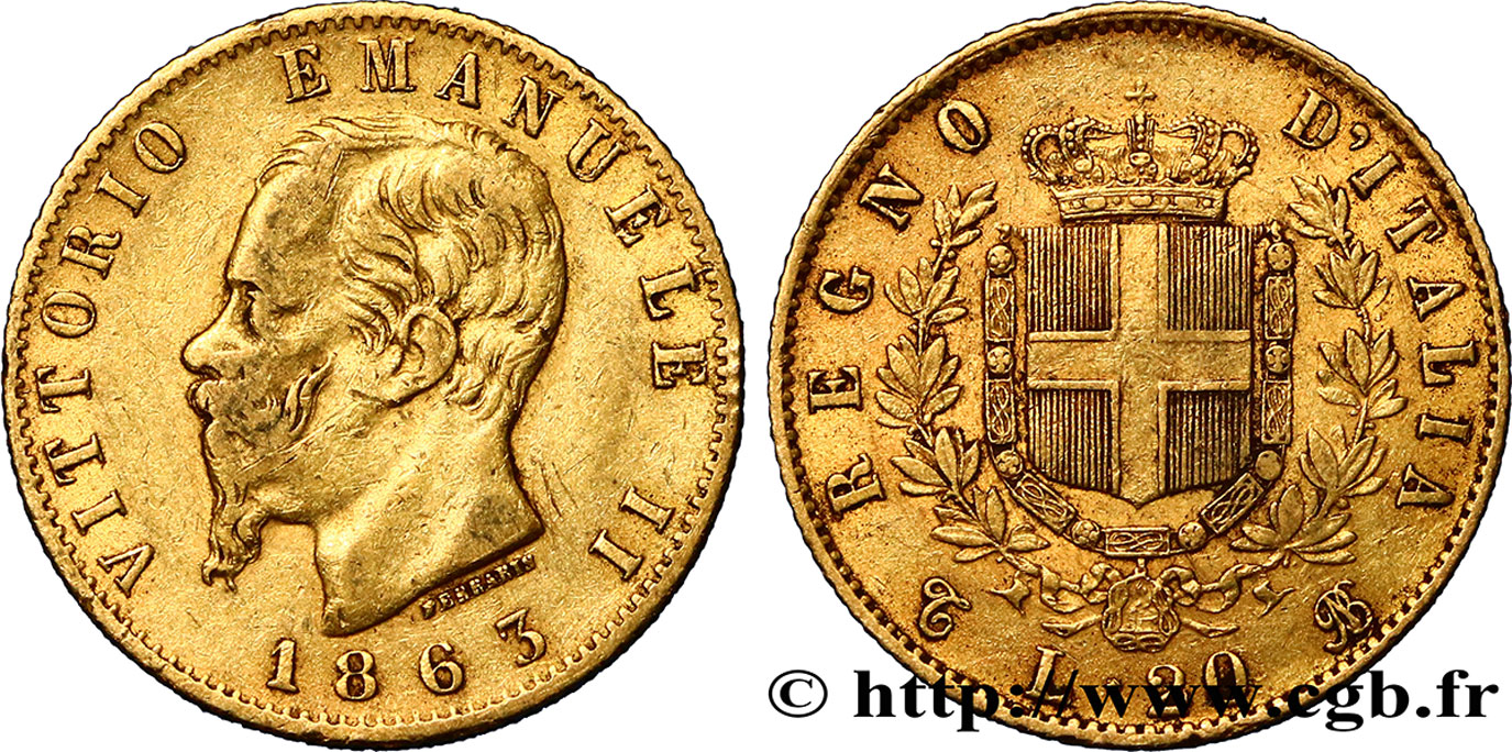 ITALY 20 Lire Victor Emmanuel II 1863 Turin VF/XF
