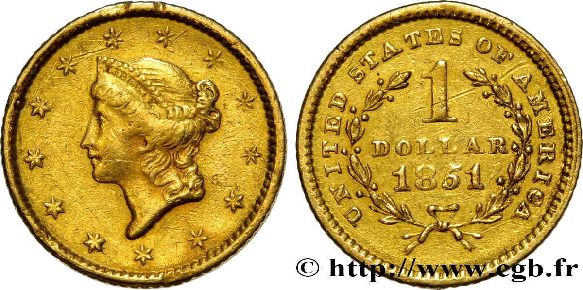 ÉTATS-UNIS D AMÉRIQUE 1 Dollar Or  Liberty head  1er type 1851 Philadelphie TTB 