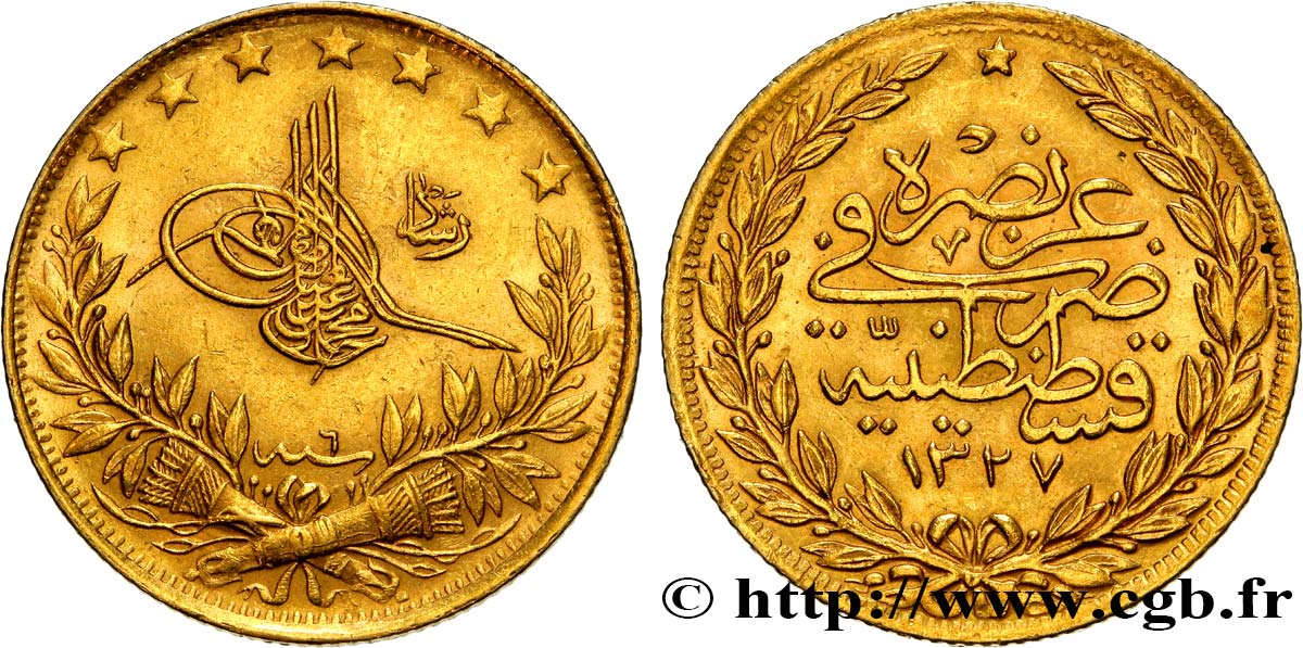 TURQUIE 100 Kurush en or Sultan Mohammed V Resat AH 1327, An 6 1914 Constantinople TTB+ 