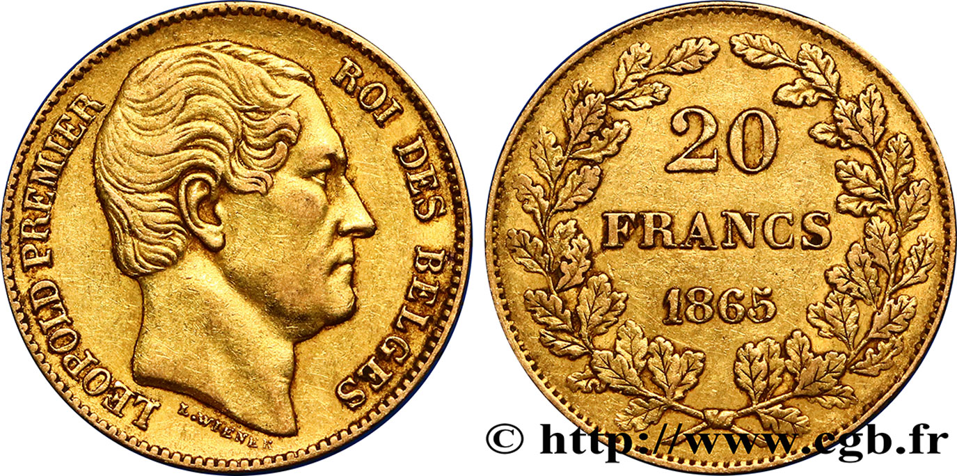 BELGIUM - KINGDOM OF BELGIUM - LEOPOLD I 20 Francs 1865 Bruxelles XF 