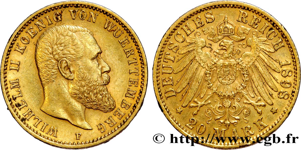 ALLEMAGNE - WURTEMBERG 20 Mark or Guillaume II 1898 Stuttgart TTB+ 