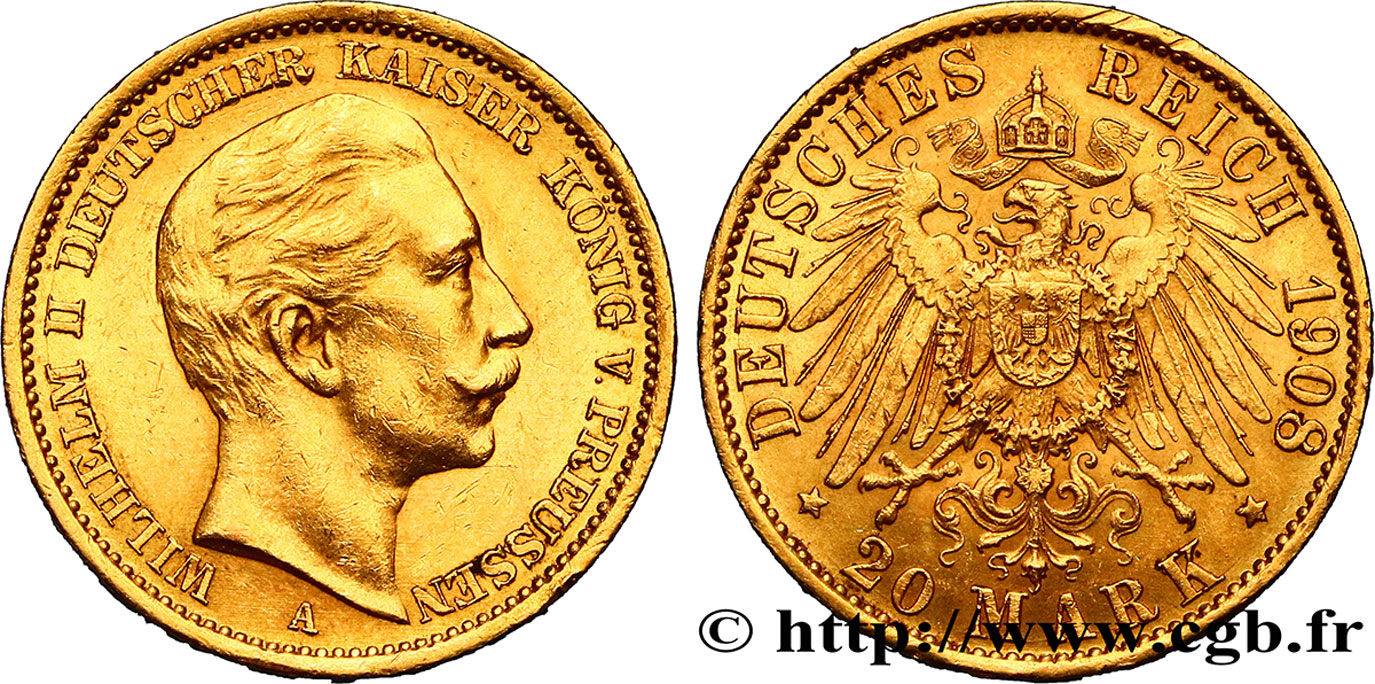 GERMANY - PRUSSIA 20 Mark Guillaume II 1908 Berlin AU/AU 