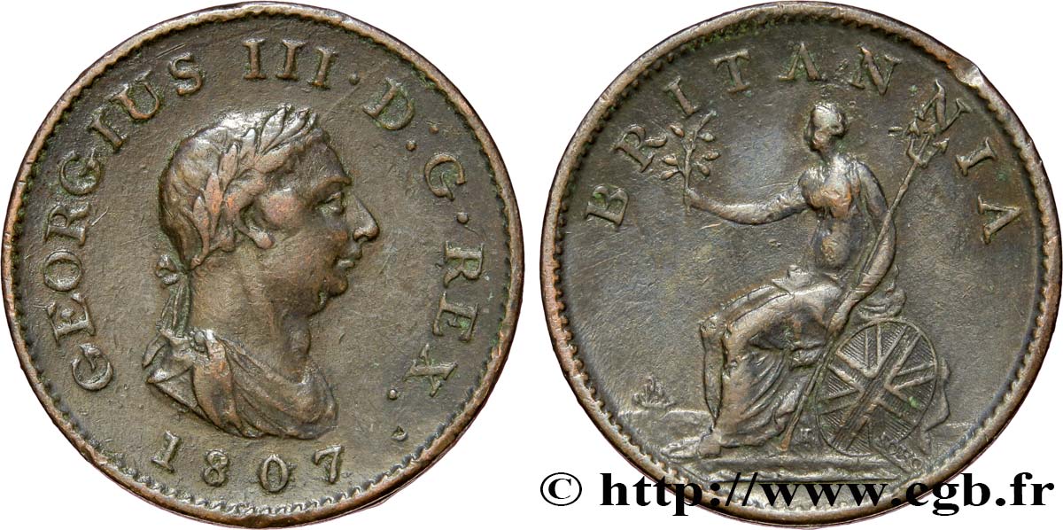 ROYAUME-UNI 1 Farthing Georges III tête laurée / Britannia 1807  TTB 