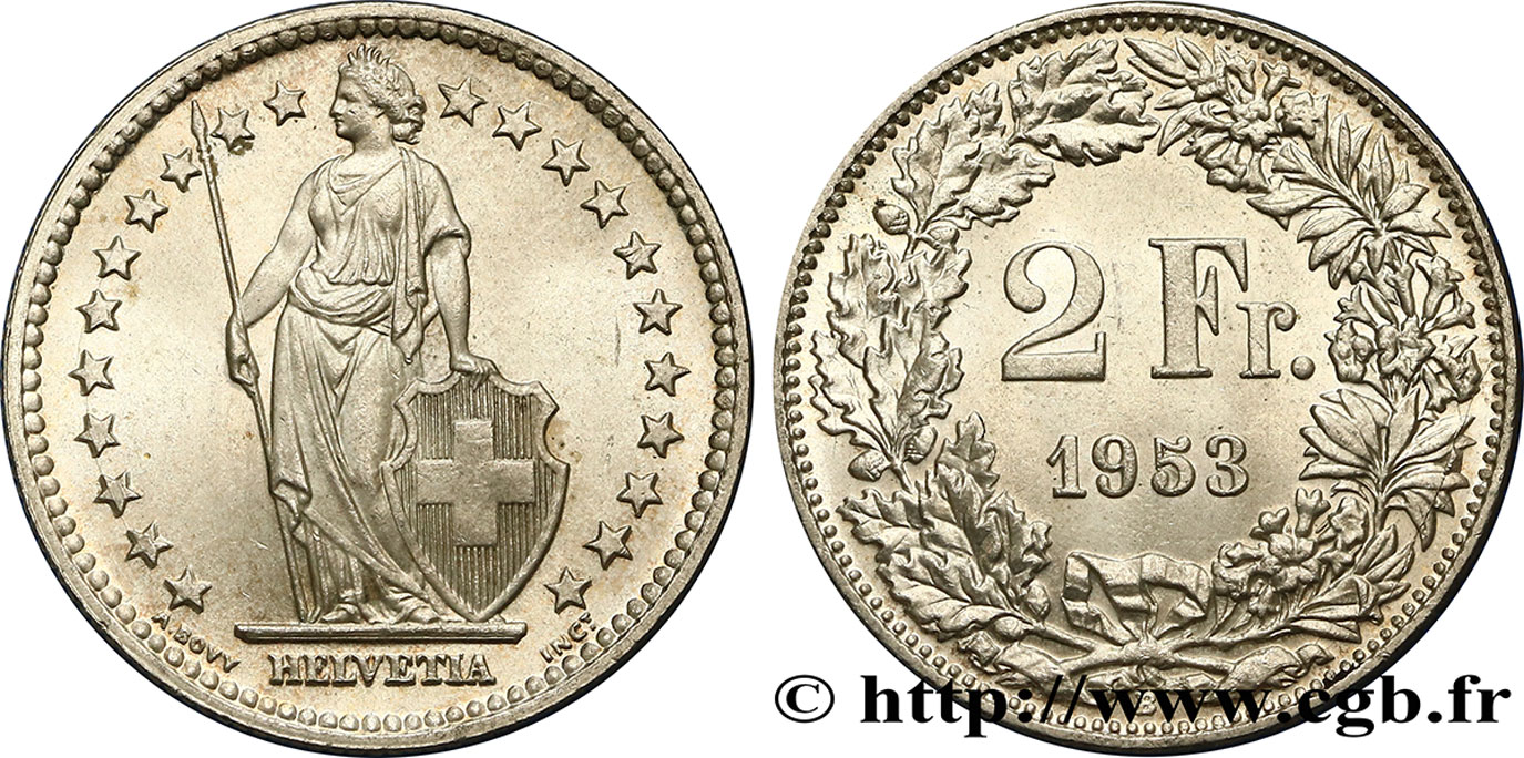 SWITZERLAND 2 Francs Helvetia 1953 Berne MS 