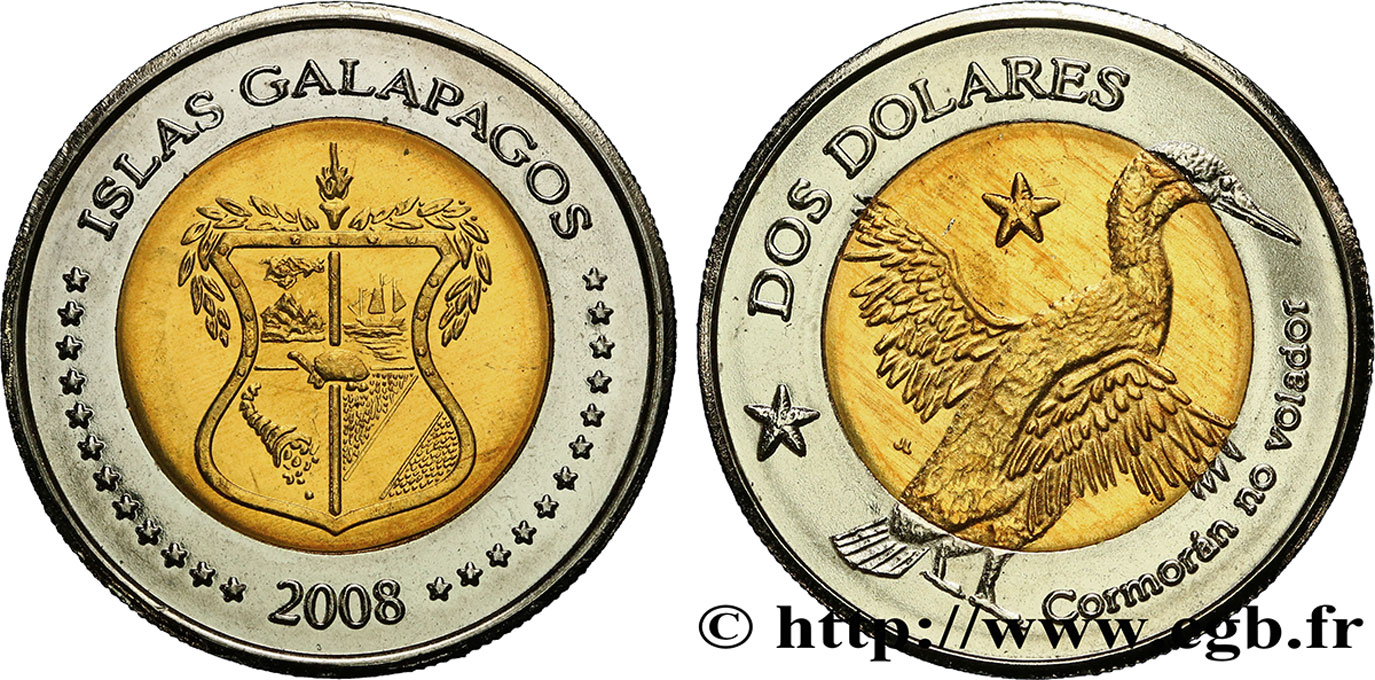 GALAPAGOS ISLANDS 2 Dolares emblème / cormoran 2008  MS 