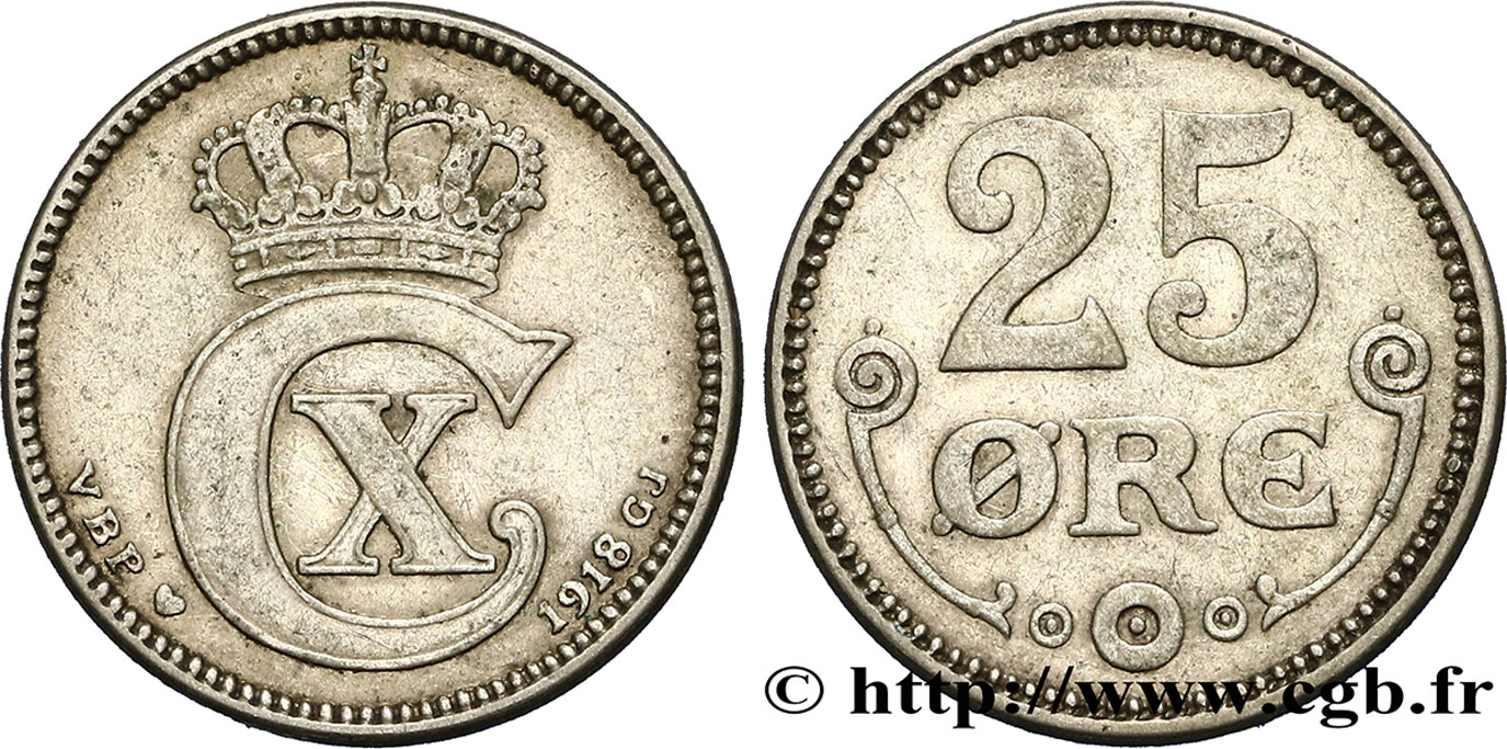 DINAMARCA 25 Ore monogramme de Christian X roi du Danemark 1918 Copenhague BB 