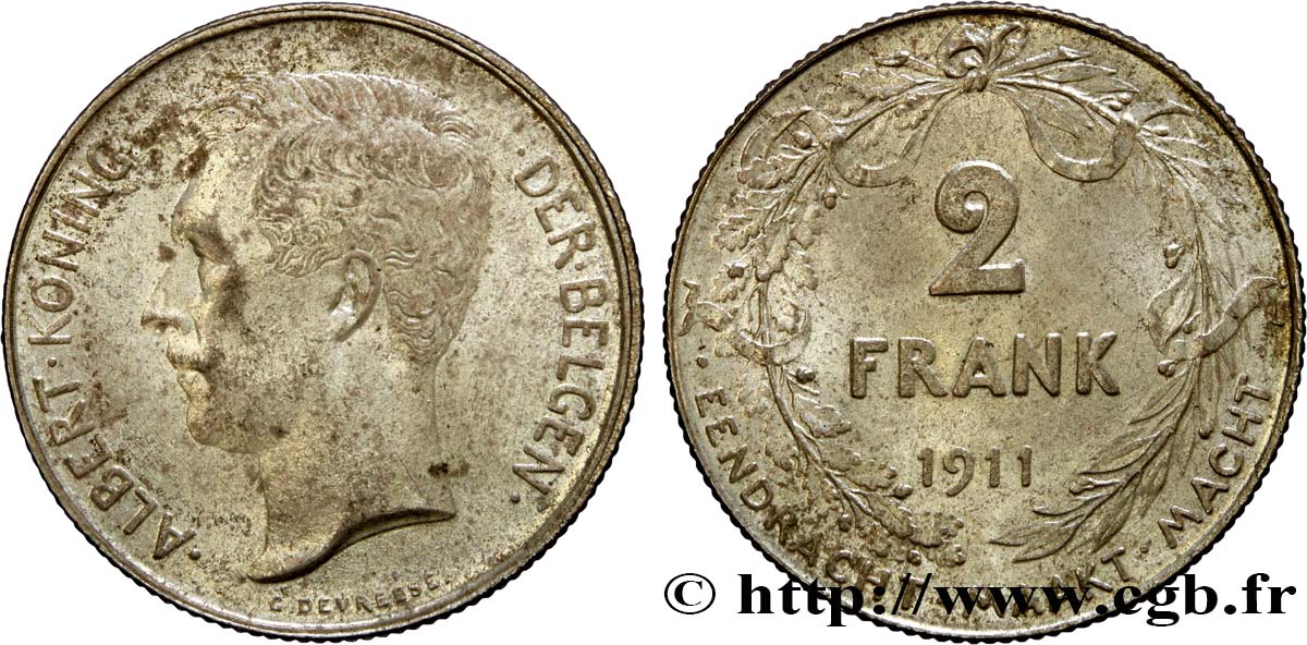 BELGIQUE 2 Francs Albert Ier légende flamande 1911  SPL 