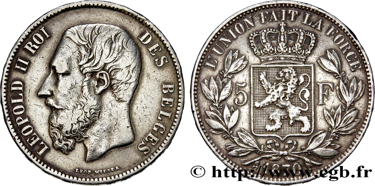 BELGIQUE 5 Francs Léopold II 1870 TB+