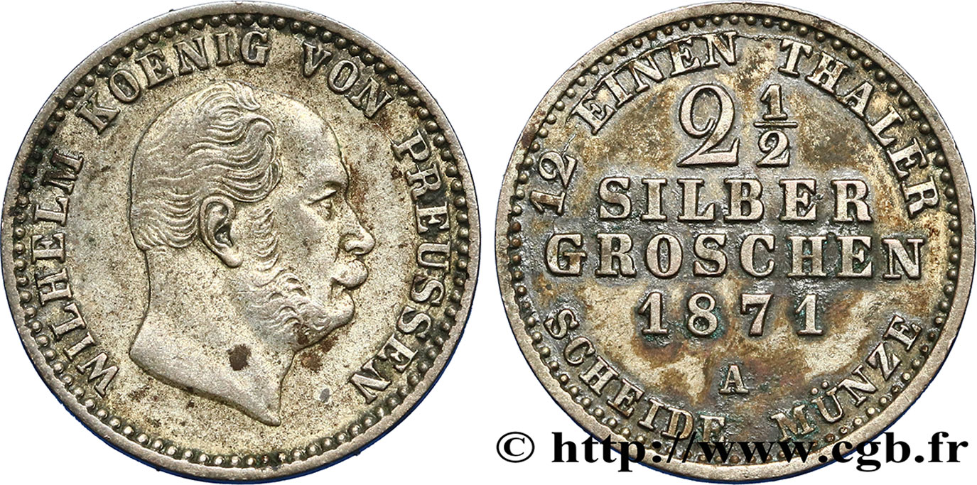 GERMANIA - PRUSSIA 2 1/2 Silbergroschen (1/12 Thaler) Guillaume 1871 Berlin q.BB 