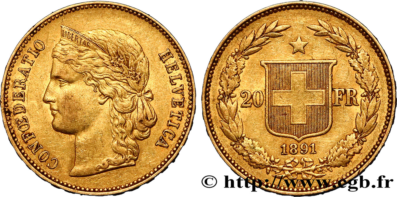 SWITZERLAND - CONFEDERATION OF HELVETIA 20 Francs or Helvetia 1891 Berne XF 
