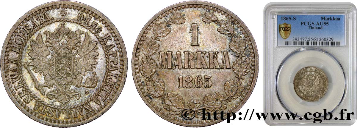 FINLANDIA 1 Markka 1865 Helsinki SPL55 PCGS