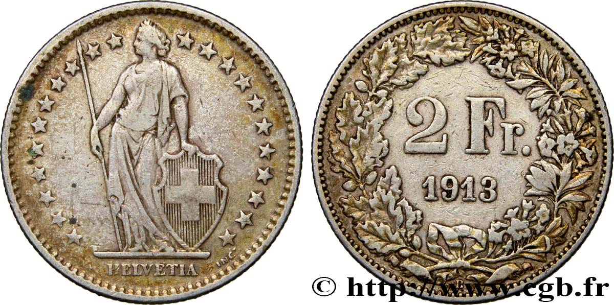 SUIZA 2 Francs Helvetia 1913 Berne - B BC+ 