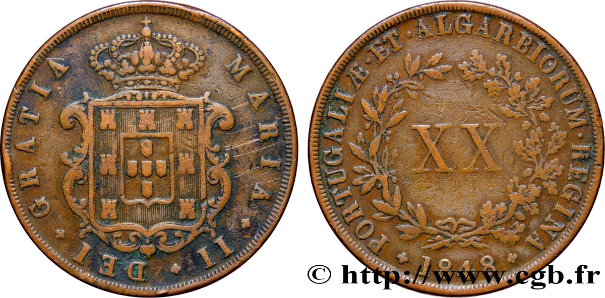PORTUGAL 20 Reis Marie II 1848  VF 