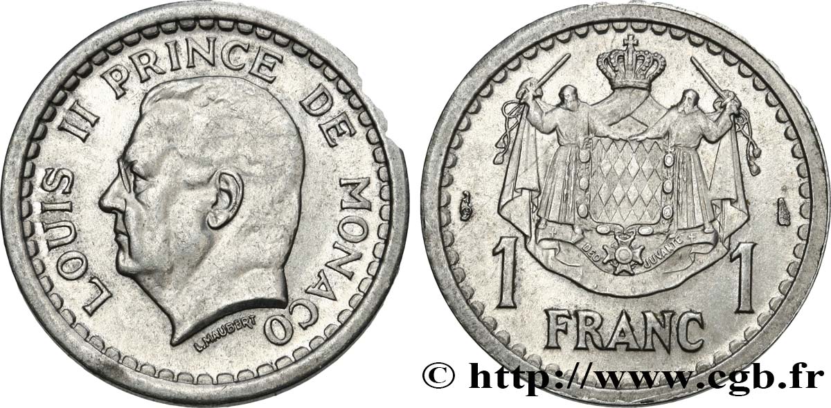 MONACO 1 Franc Louis II 1943 Paris TTB+ 