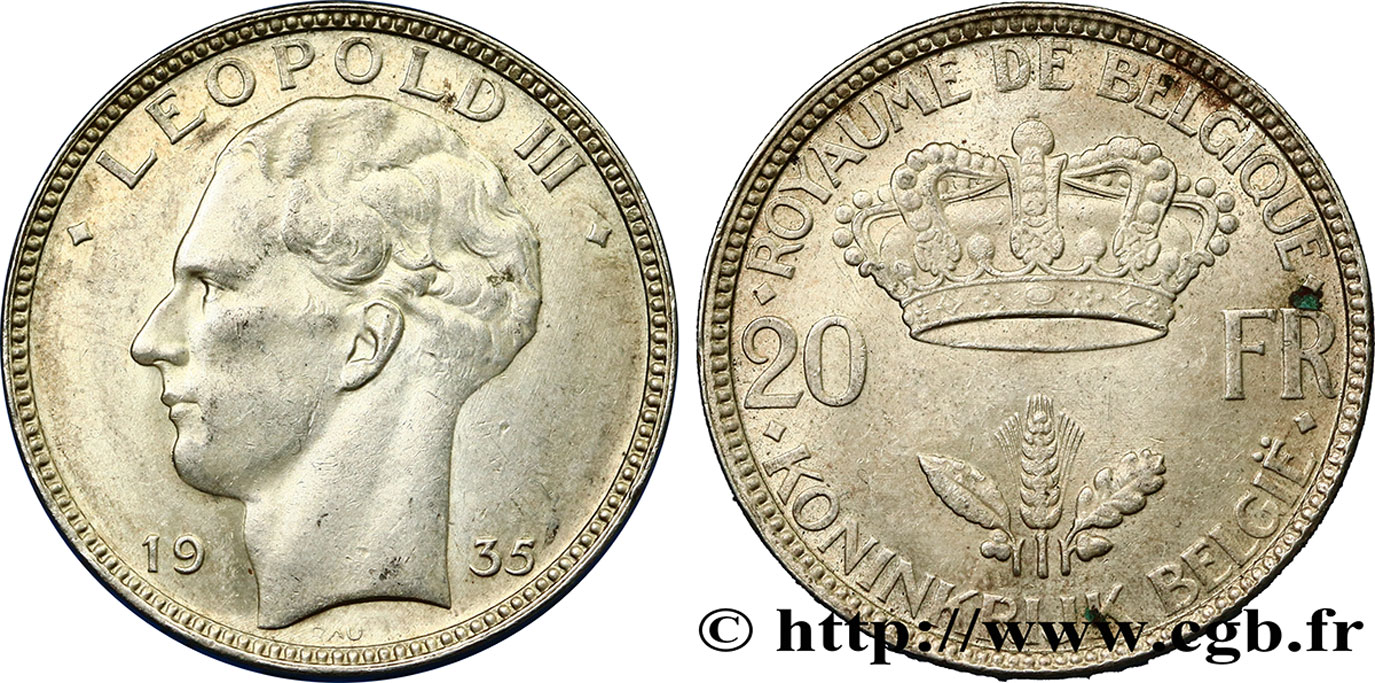 BELGIUM 20 Francs Léopold III position A 1935  AU 