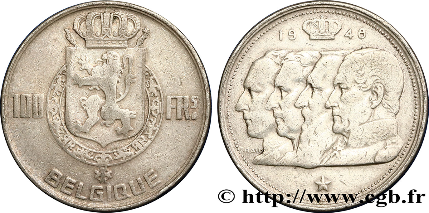 BELGIUM 100 Francs bustes des quatre rois de Belgique, légende française 1948  XF 