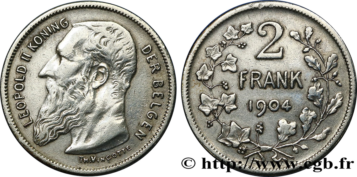 BELGIO 2 Francs Léopold II légende flamande 1904  q.BB 