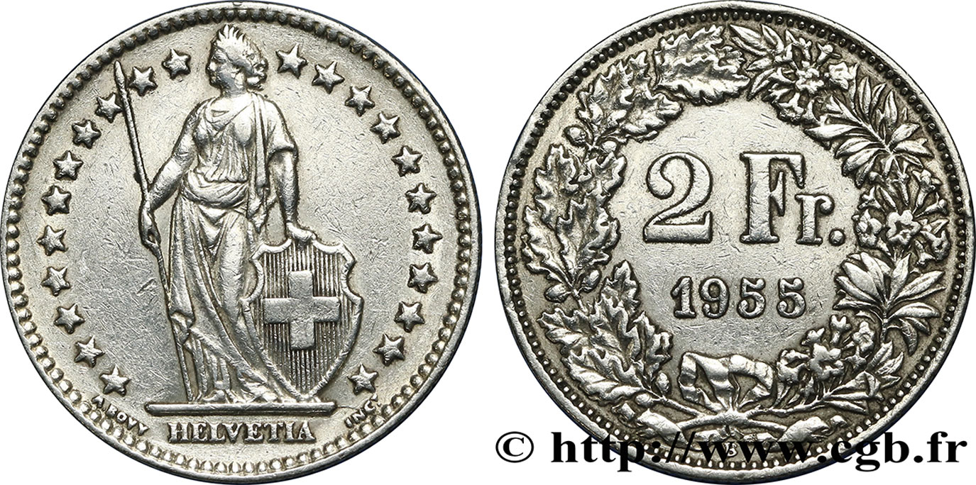 SWITZERLAND 2 Francs Helvetia 1955 Berne - B XF 