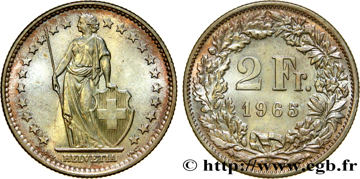 SUISSE 2 Francs Helvetia 1965 Berne SPL 