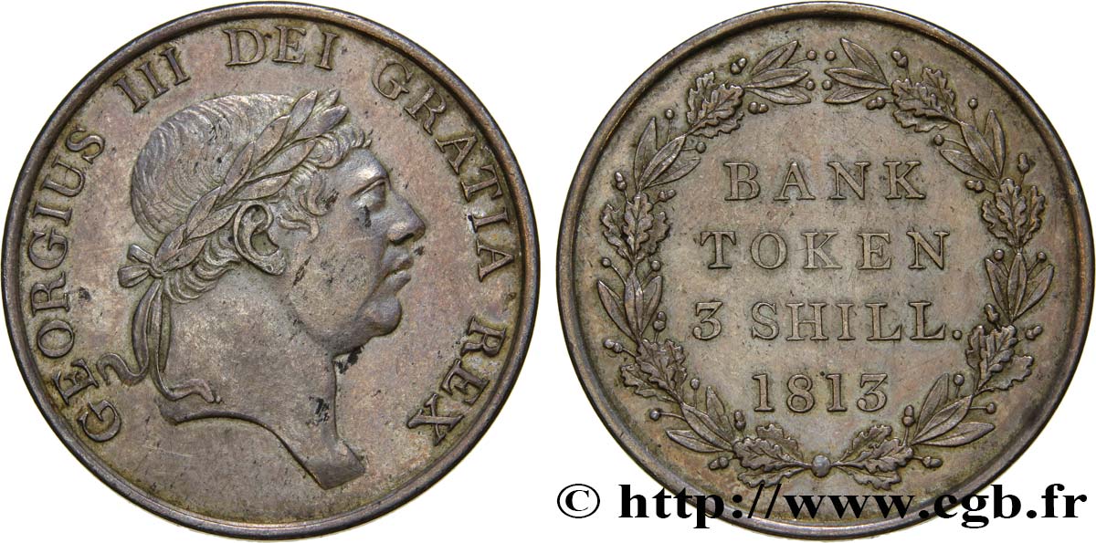 ROYAUME-UNI 3 Shillings Georges III Bank token 1813  TTB 