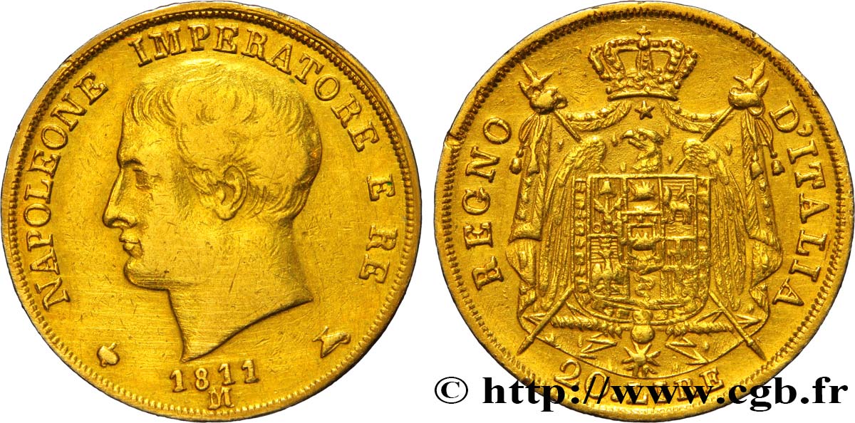 ITALY - KINGDOM OF ITALY - NAPOLEON I 20 lire or, 2e type, tranche en creux 1811 Milan VF 