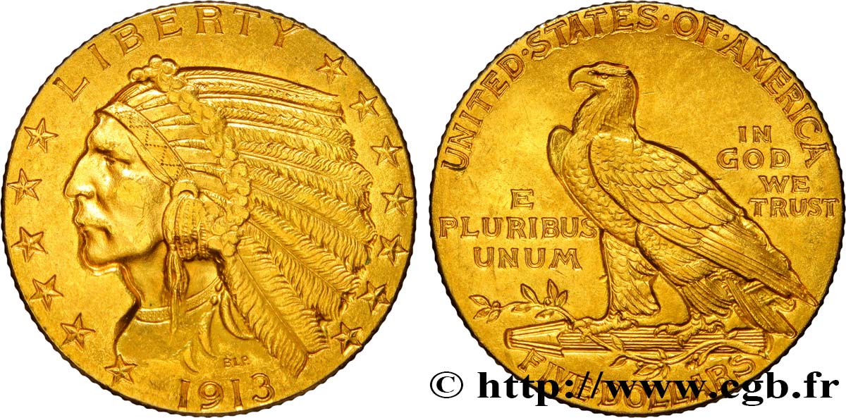ÉTATS-UNIS D AMÉRIQUE 5 Dollars or  Indian Head  1913 Philadelphie EBC 