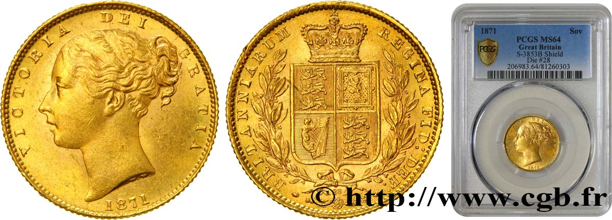 ROYAUME-UNI 1 Souverain Victoria buste jeune avec numéro de coin n°28 1871 Londres SPL64 PCGS