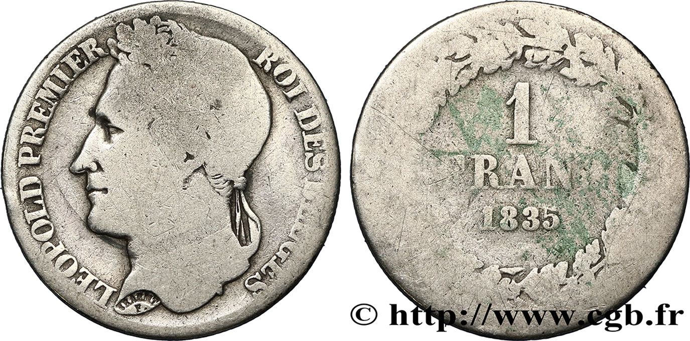 BELGIQUE 1 Franc Léopold Ier tête laurée 1835 Bruxelles B