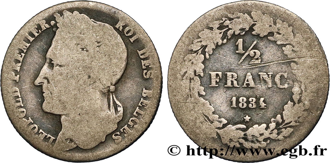BELGIUM 1/2 Franc Léopold tête laurée 1834  F 