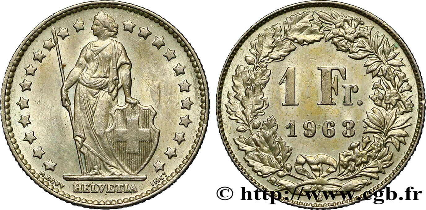 SUIZA 1 Franc Helvetia 1963 Berne EBC 