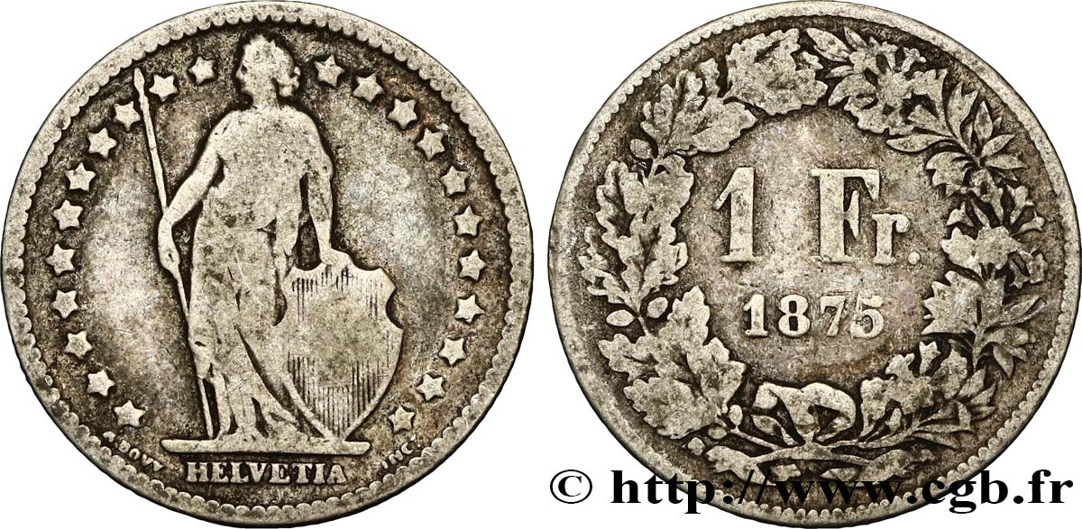 SWITZERLAND 1 Franc Helvetia 1875 Berne VF 