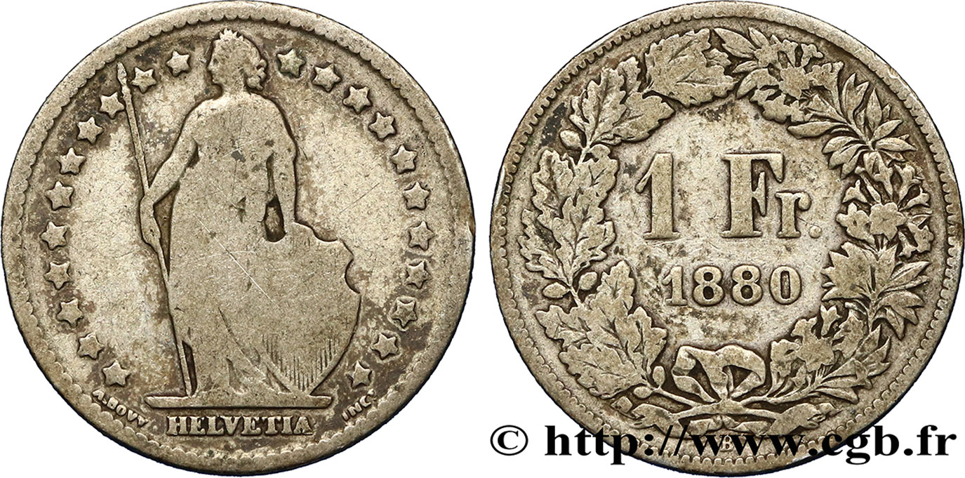 SWITZERLAND 1 Franc Helvetia 1880 Berne VF 