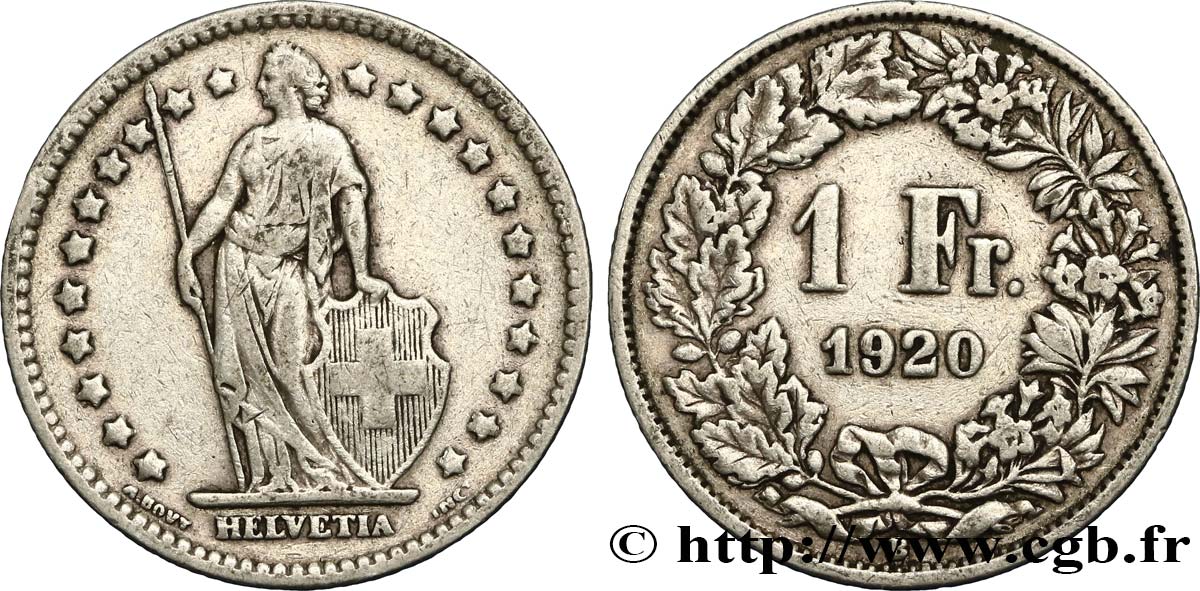SWITZERLAND 1 Franc Helvetia 1920 Berne - B VF 