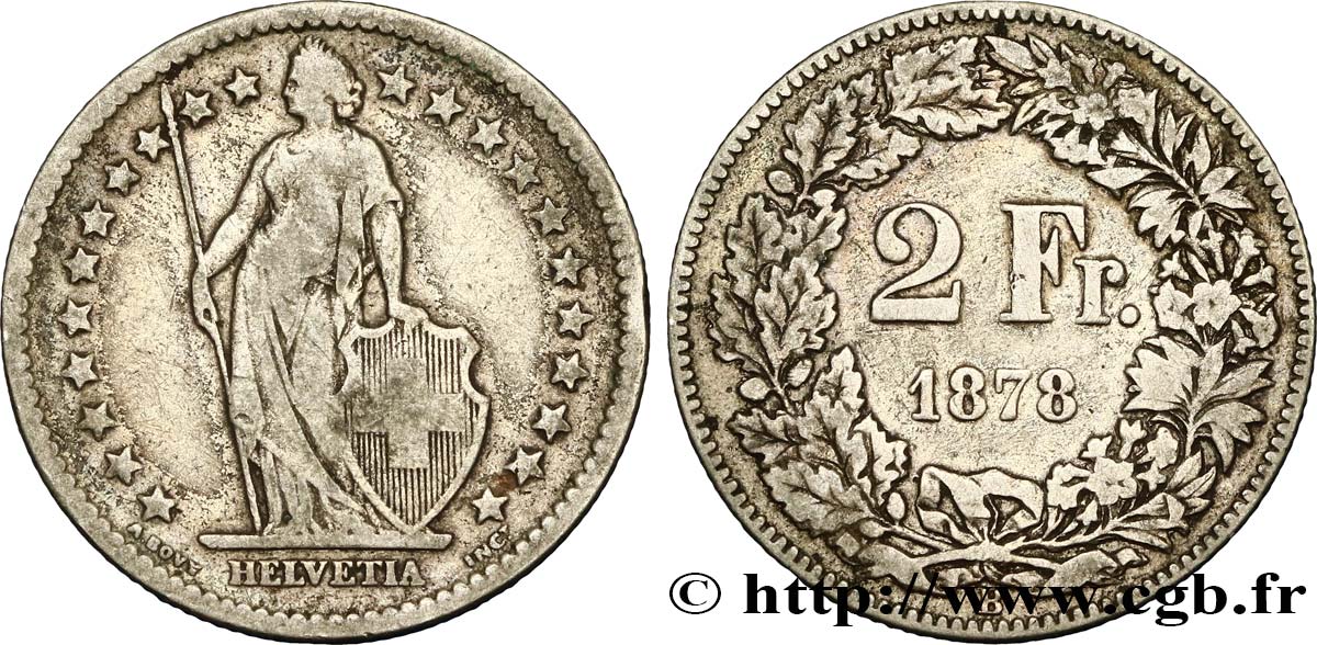 SWITZERLAND 2 Francs Helvetia 1878 Berne VF 