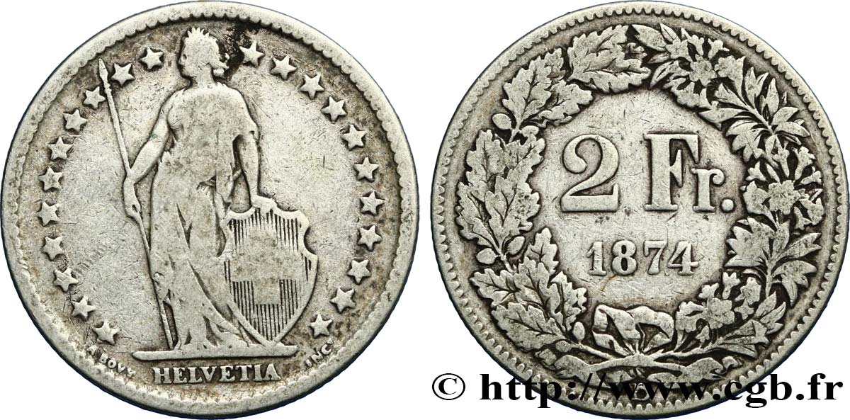 SWITZERLAND 2 Francs Helvetia 1874 Berne VF 