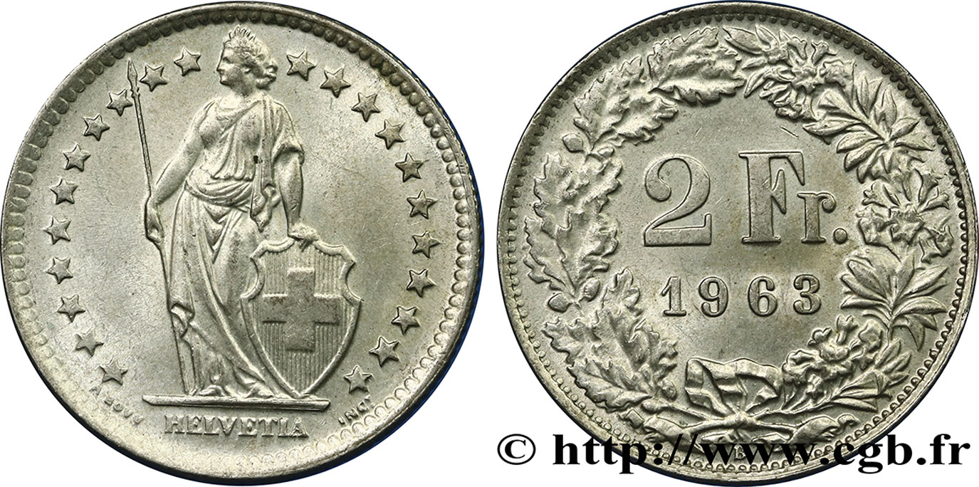 SVIZZERA  2 Francs Helvetia 1963 Berne MS 