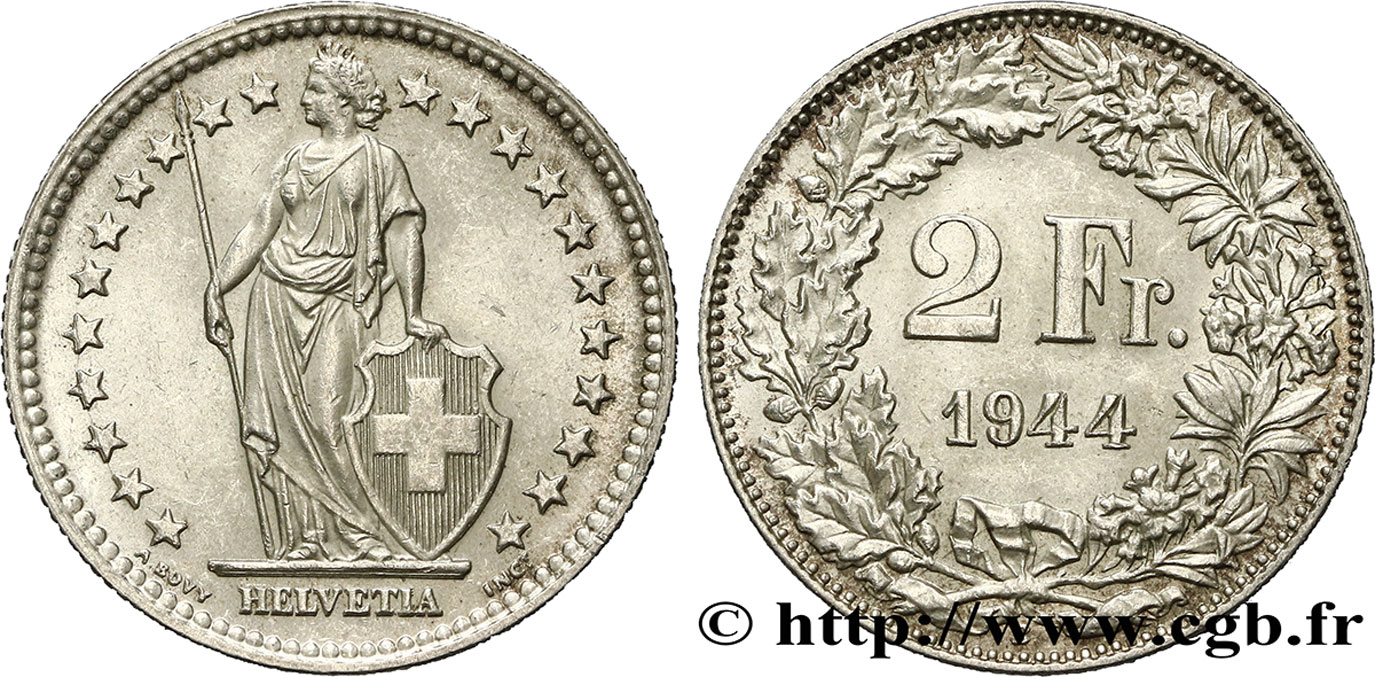 SUISSE 2 Francs Helvetia 1944 Berne SUP 