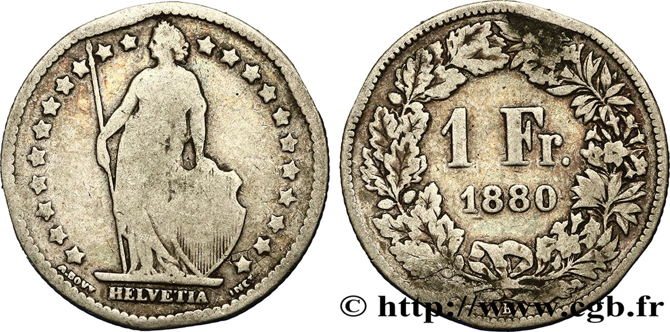 SWITZERLAND 1 Franc Helvetia 1880 Berne VF 