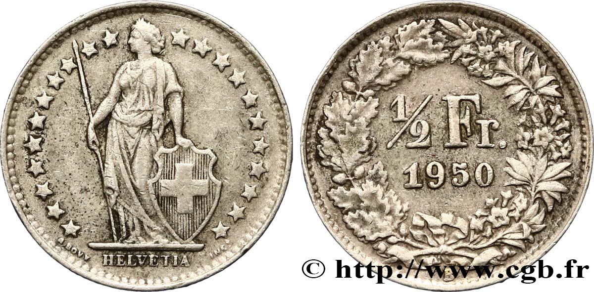 SWITZERLAND 1/2 Franc Helvetia 1950 Berne XF 